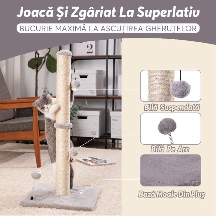 Ansamblu Joaca Pisici, Stalp Zgariat Pisici PawzUp ScratchTower, Rezistenta Zgarieturi, 86cm, Gri
