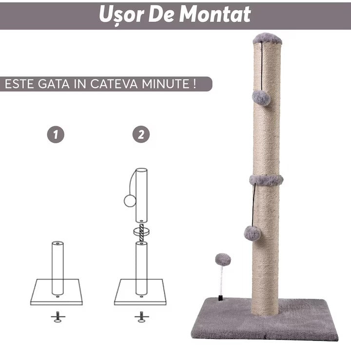 Ansamblu Joaca Pisici, Stalp Zgariat Pisici PawzUp ScratchTower, Rezistenta Zgarieturi, 86cm, Gri
