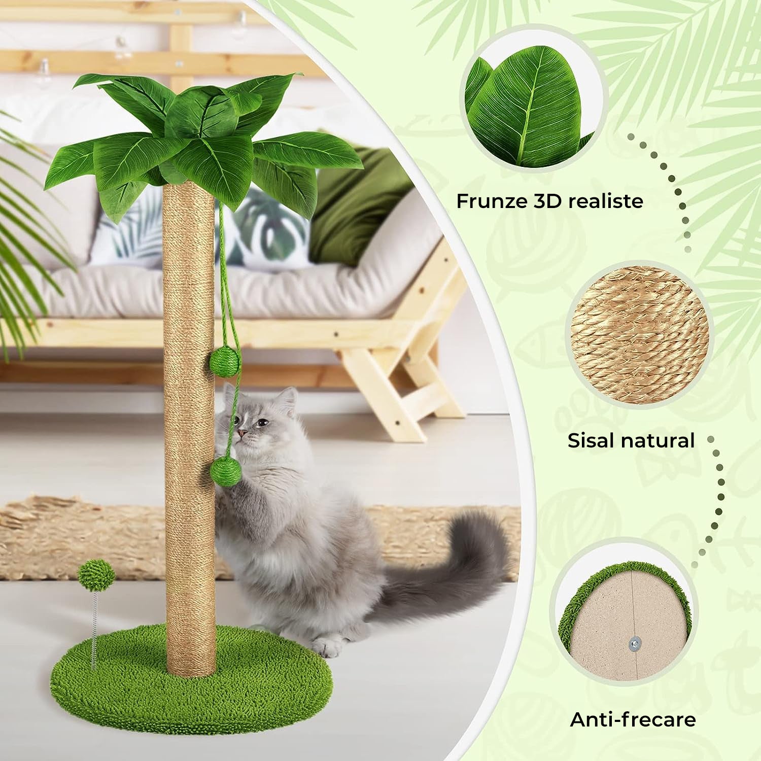 Ansamblu Joaca Pisici, Stalp pentru Zgariat PawzUp PalmPlay, Rezistent la Zgarieuri, 84cm