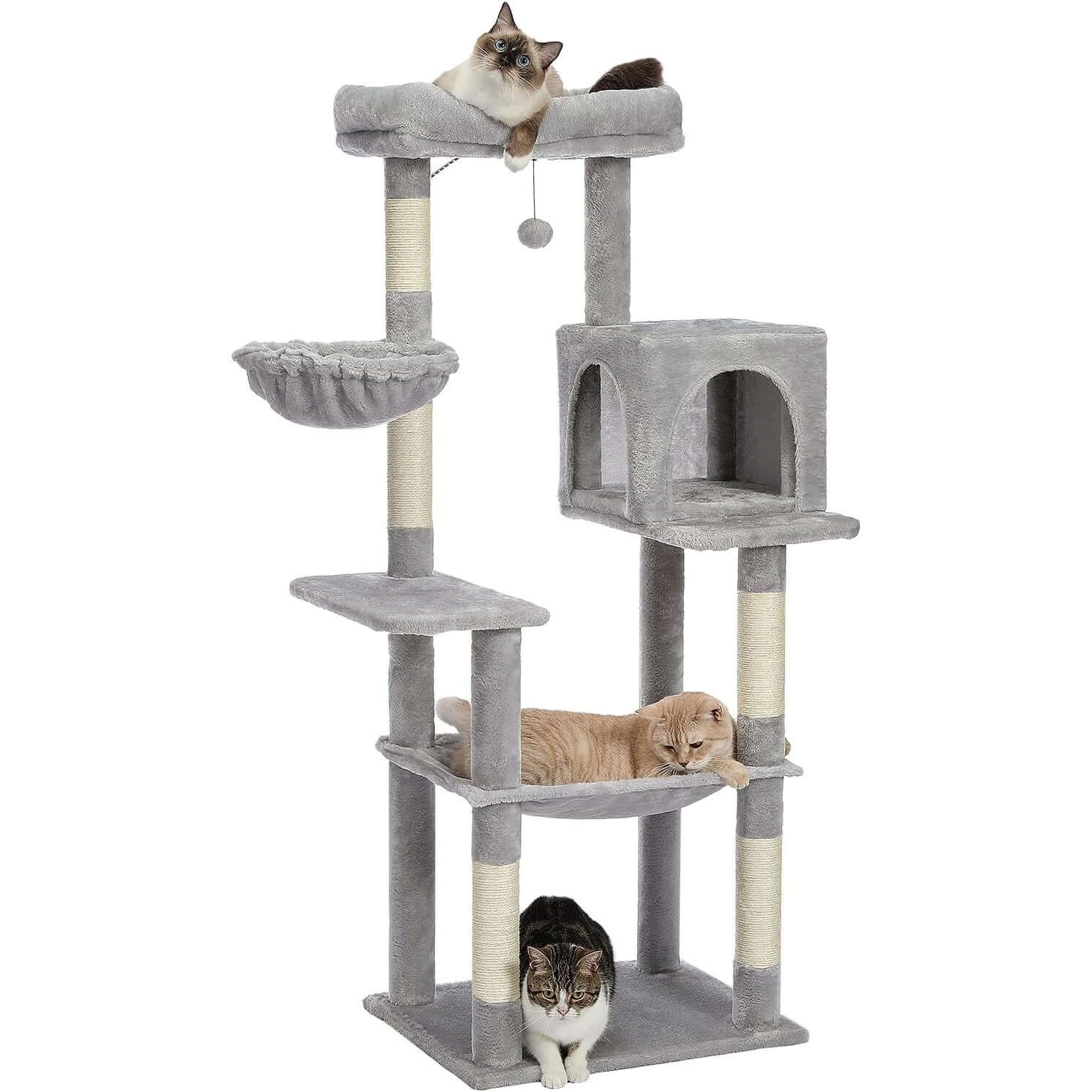 Ansamblu Joaca Pisici cu Stalpi pentru Zgariat PawzUp GrandTower, Rezistent la Zgarieturi, 143cm, Gri