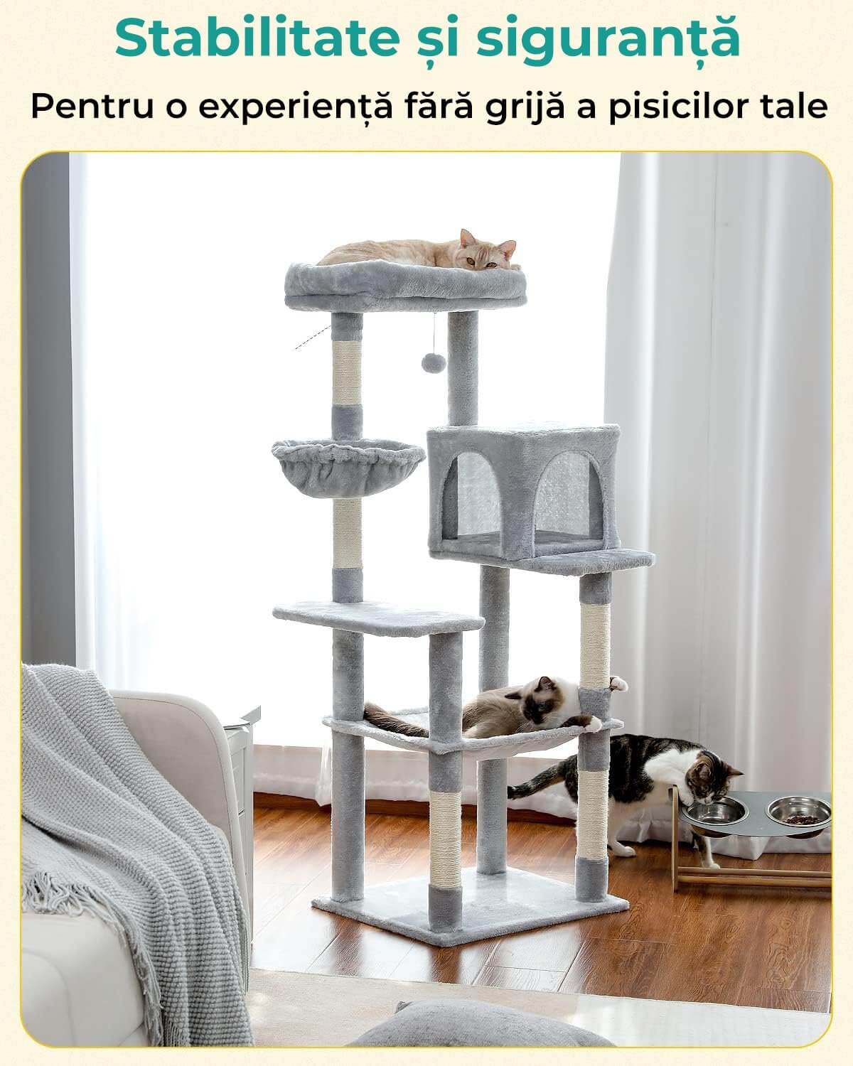 Ansamblu Joaca Pisici cu Stalpi pentru Zgariat PawzUp GrandTower, Rezistent la Zgarieturi, 143cm, Gri