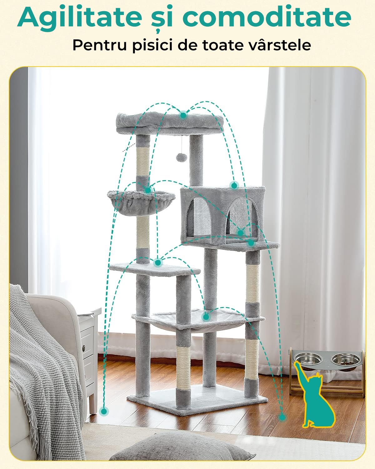 Ansamblu Joaca Pisici cu Stalpi pentru Zgariat PawzUp GrandTower, Rezistent la Zgarieturi, 143cm, Gri