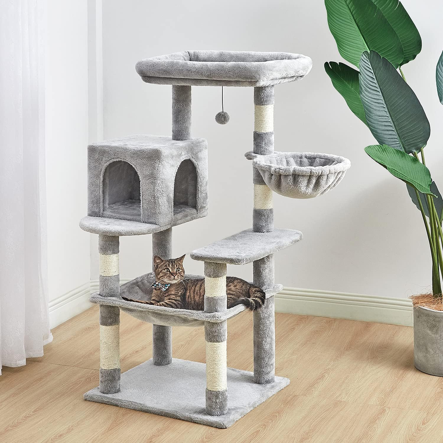 Ansamblu Joaca Pisici cu Stalpi pentru Zgariat PawzUp GrandTower, Rezistent la Zgarieturi, 143cm, Gri