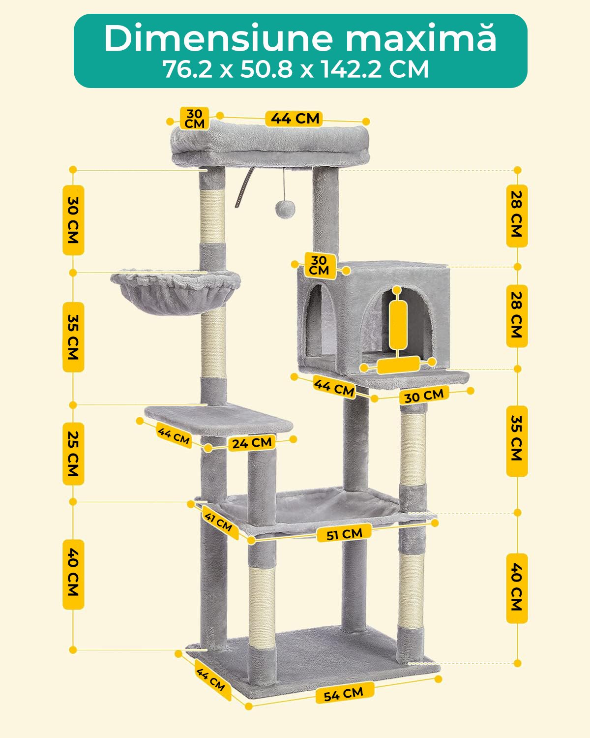Ansamblu Joaca Pisici cu Stalpi pentru Zgariat PawzUp GrandTower, Rezistent la Zgarieturi, 143cm, Gri