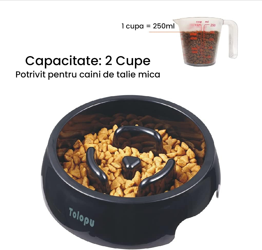Bol Mancare Caini PawzUp EatSmart, Anti-Inghitire Rapida, Negru, 500ml