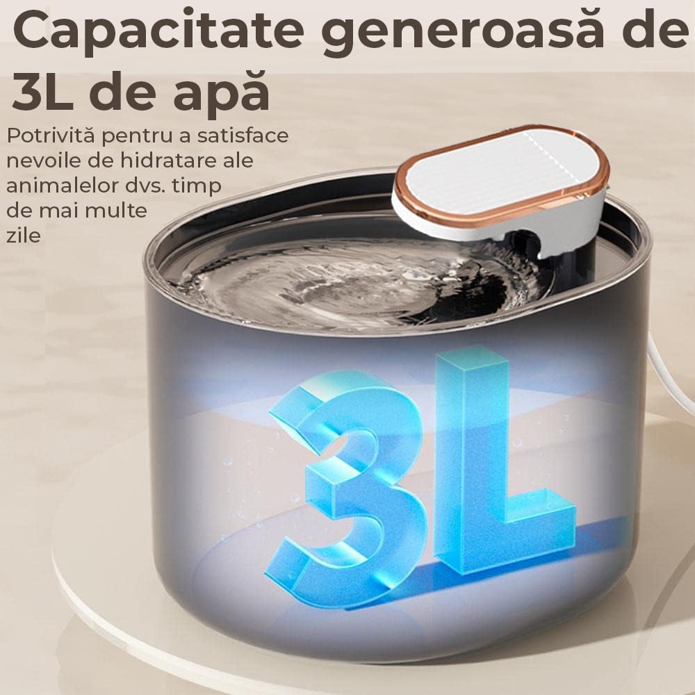 Dispenser Apa Pisici Automat PawzUp AquaFlow, Silentios si cu Sistem Filtrare, USB, 3L, Alb