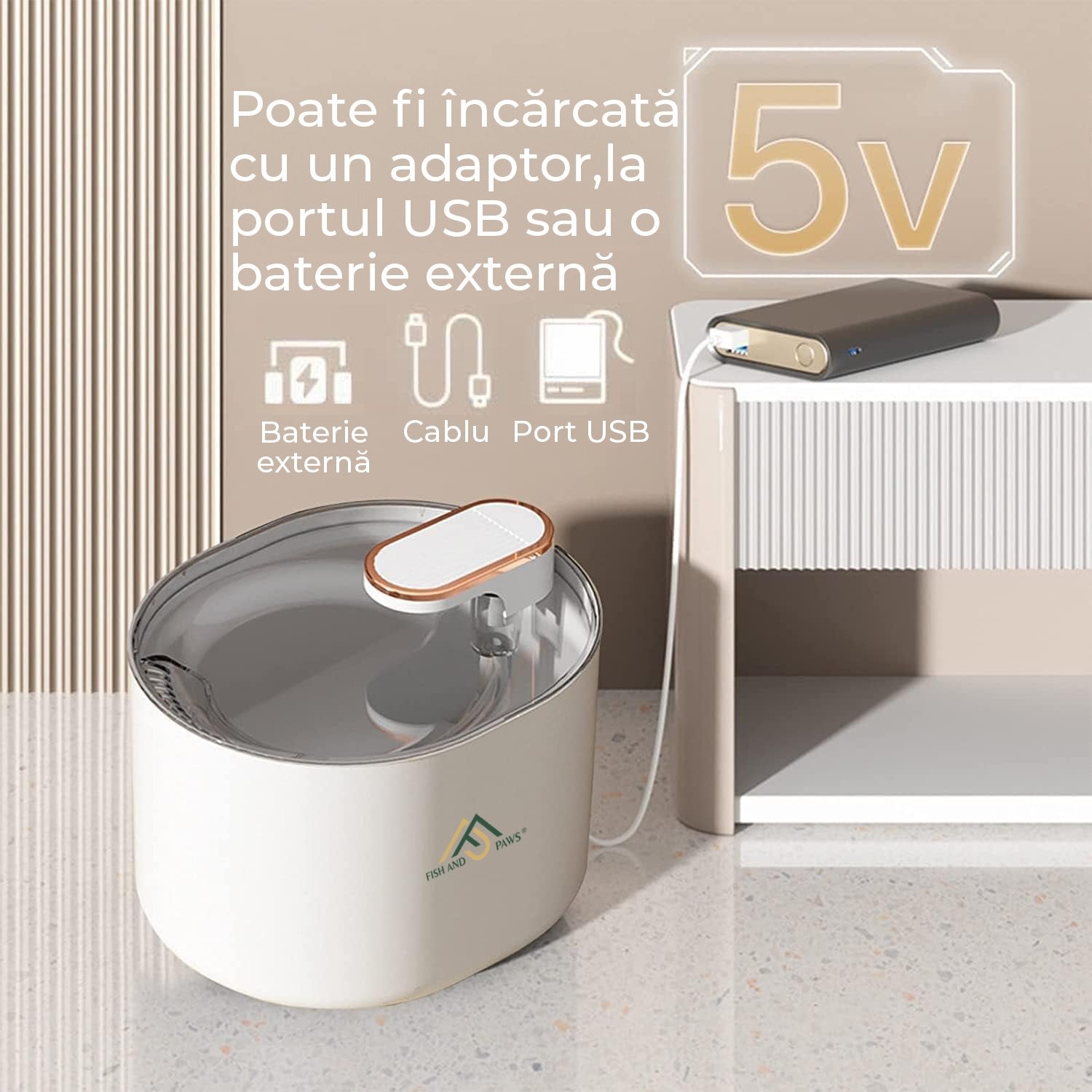 Dispenser Apa Pisici Automat PawzUp AquaFlow, Silentios si cu Sistem Filtrare, USB, 3L, Alb