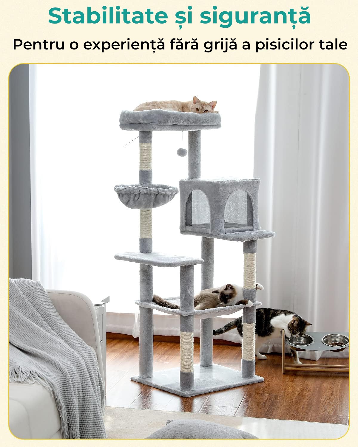 DeAnsamblu Joaca Pisici cu Stalpi pentru Zgariat PawzUp GrandTower, Rezistent la Zgarieturi, 143cm, Griscribes the appearance of the image