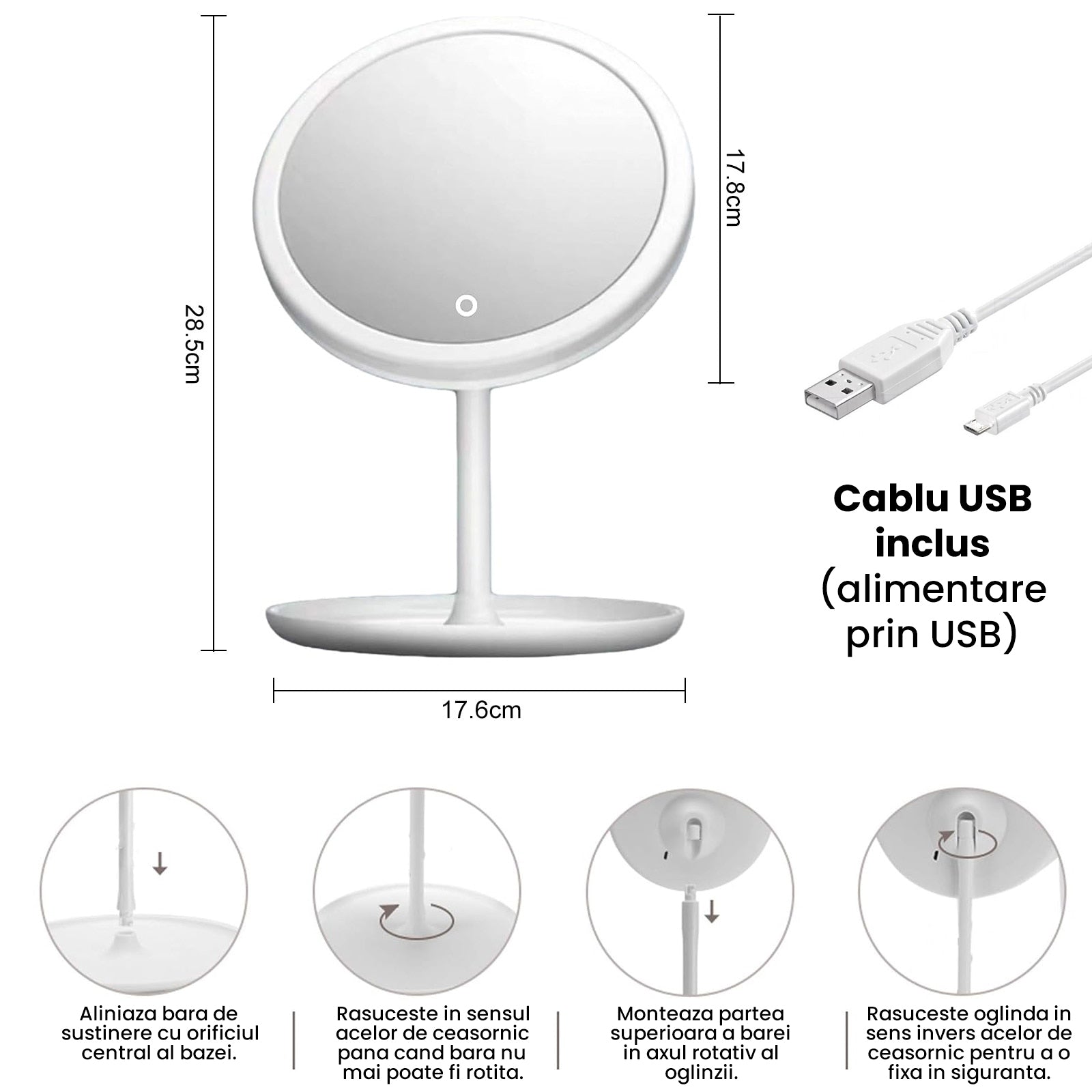 Oglinda Machiaj cu LED Evoora GlamTouch Pro, Incarcare USB, Lumina Reglabila