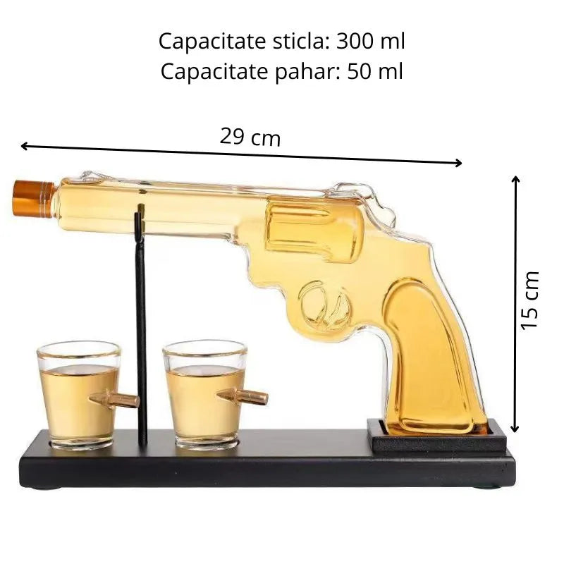 Set Decantor Whisky Pistol cu Accesorii si 2 Pahare cu Glont Evoora Magnum